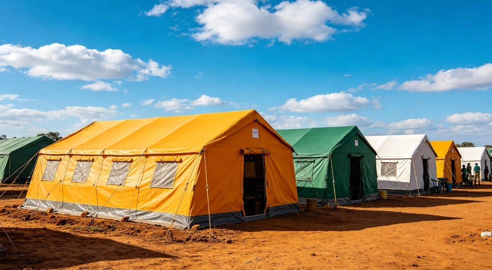 Heavy duty emergency frame tent displayed in operational setting demonstrating quick setup capability durable canvas exterior and spacious interior capacity for humanitarian relief missions