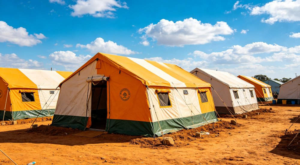 Emergency response tent captured during active deployment showing professional grade construction wind resistant frame and waterproof covering designed for long term use in challenging field conditions