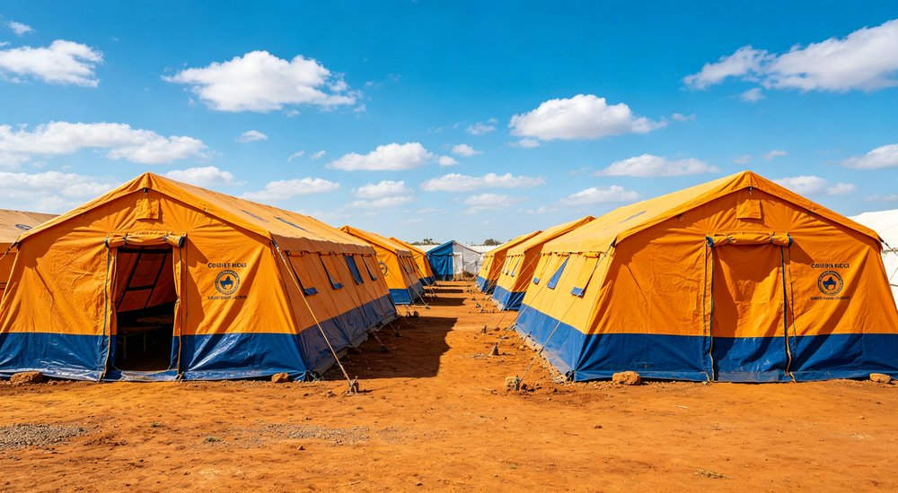 Humanitarian relief tent photographed at aid distribution camp providing reliable shelter with strong steel framework quality stitching and weather resistant fabric for disaster affected communities