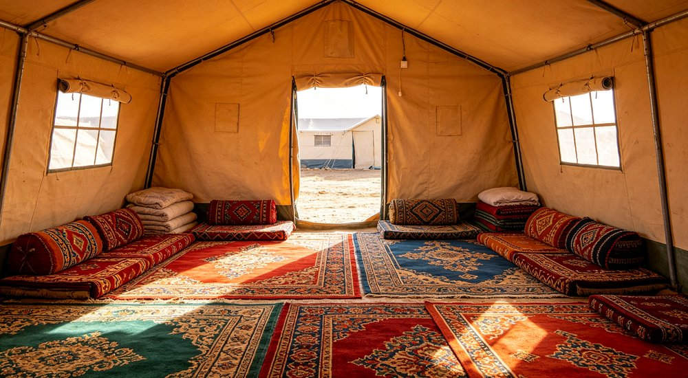 Heavy duty emergency frame tent displayed in operational setting demonstrating quick setup capability durable canvas exterior and spacious interior capacity for humanitarian relief missions