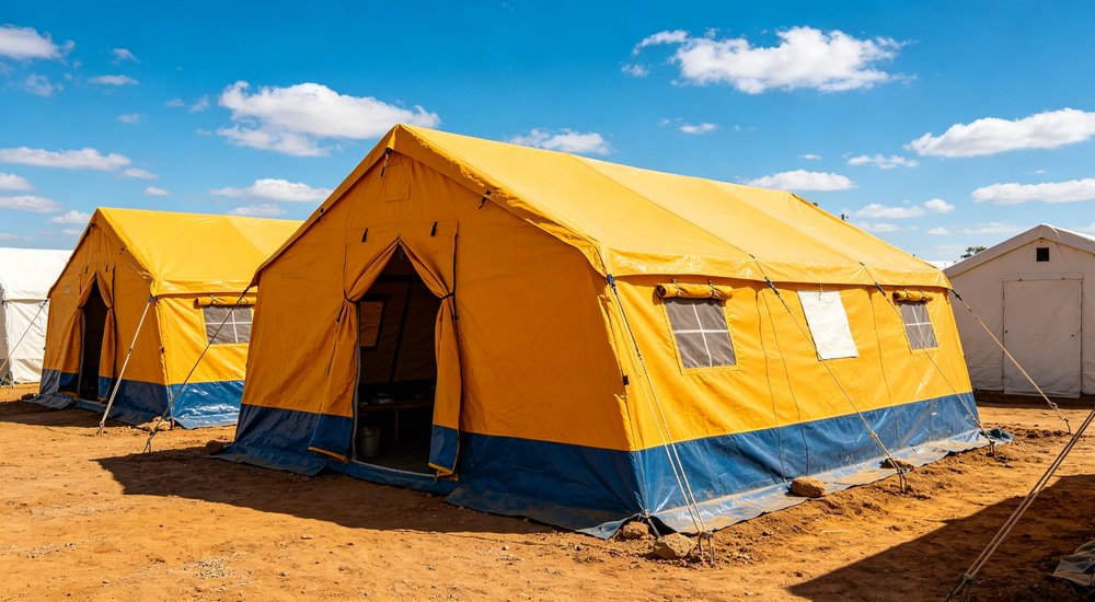 Professional emergency relief tent photographed in field deployment showing sturdy construction waterproof fabric and steel frame design suitable for disaster response and humanitarian aid operations