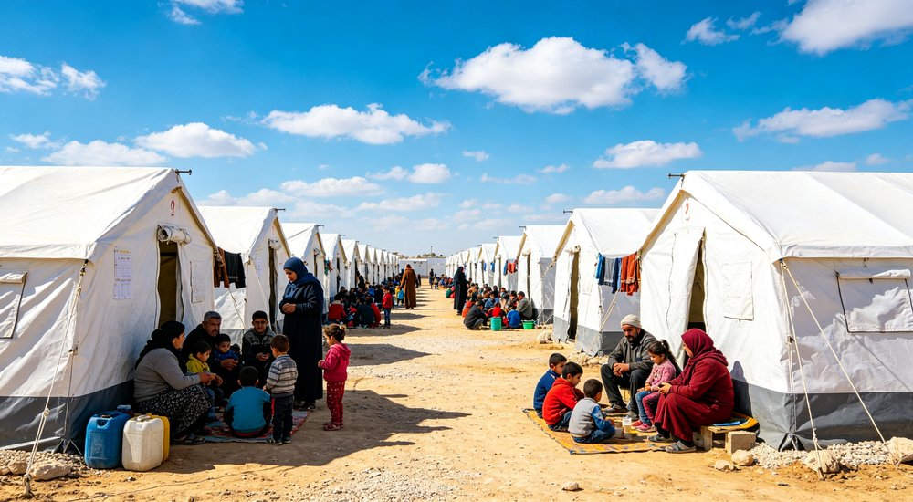 Large emergency shelter tent installed at disaster relief site providing weatherproof accommodation for affected populations with reinforced structure and quality materials visible