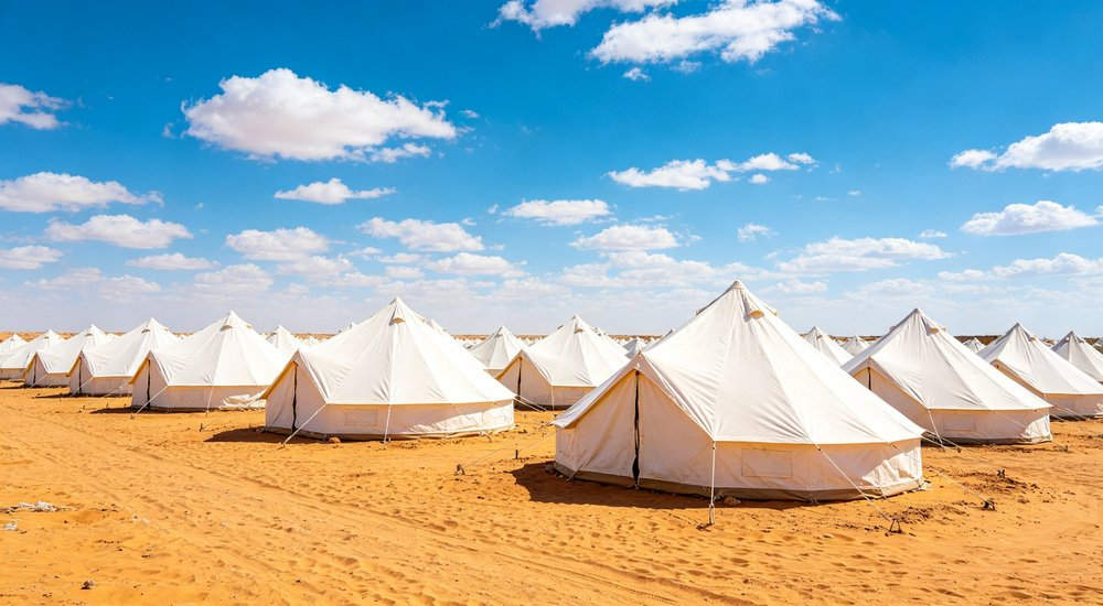 Humanitarian relief tent photographed at aid distribution camp providing reliable shelter with strong steel framework quality stitching and weather resistant fabric for disaster affected communities