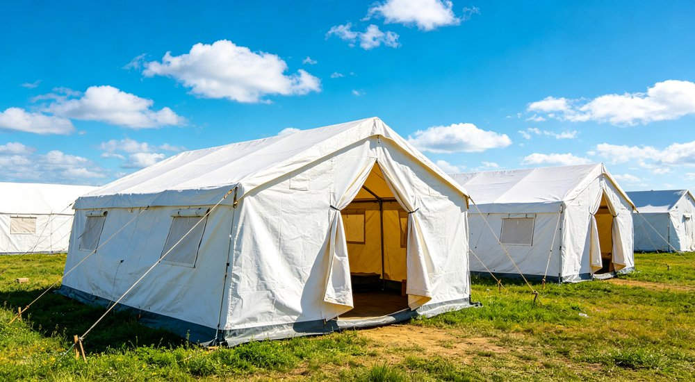 Field deployed emergency shelter showing robust frame construction waterproof material and practical design features meeting international standards for disaster response and refugee accommodation