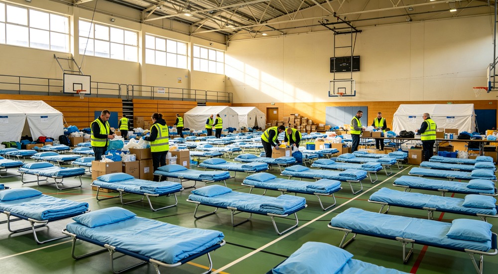 wide-angle photograph of large emergency shelter gymnasium interior with rows of sky blue folding cots and relief workers organizing supplies