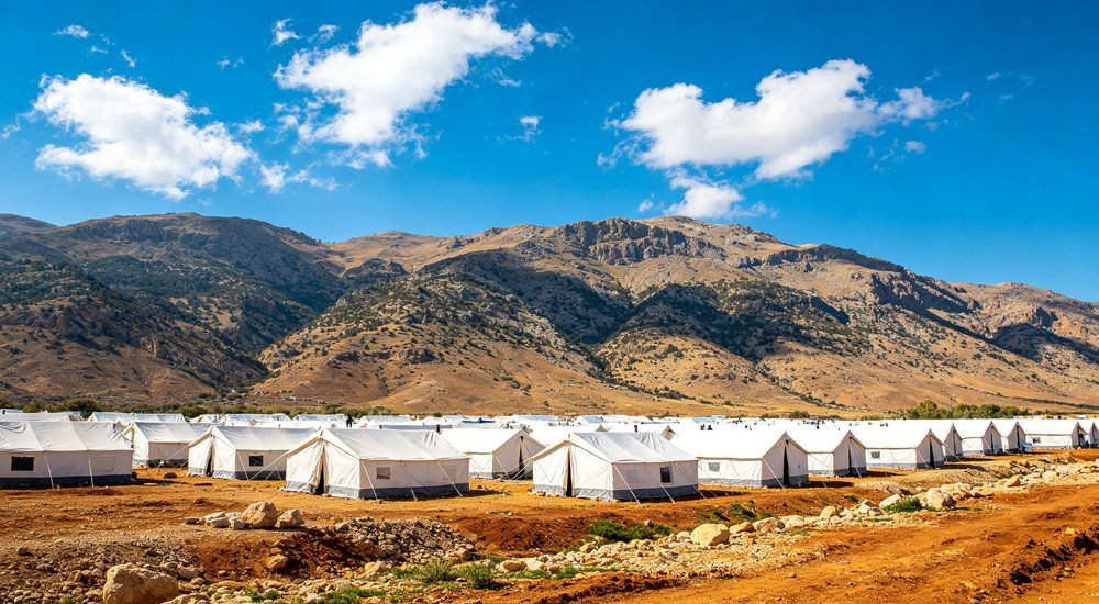Professional emergency relief tent photographed in field deployment showing sturdy construction waterproof fabric and steel frame design suitable for disaster response and humanitarian aid operations