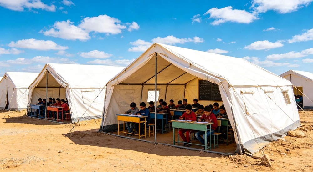 Large emergency shelter tent installed at disaster relief site providing weatherproof accommodation for affected populations with reinforced structure and quality materials visible