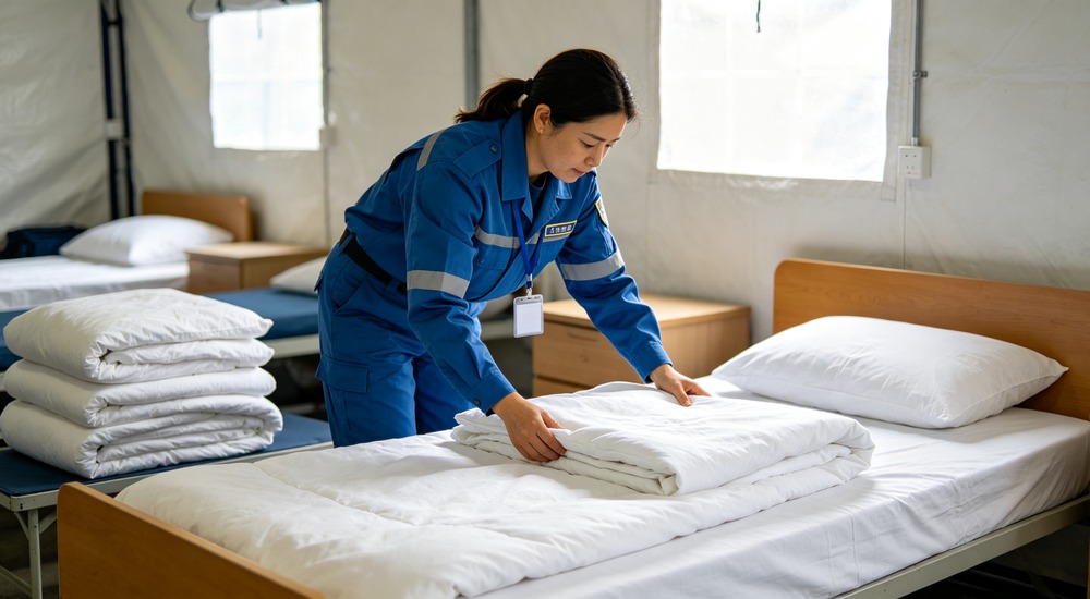 interior photograph of warehouse showroom showing three bed types single bed bunk bed and folding cot with clean white institutional bedding