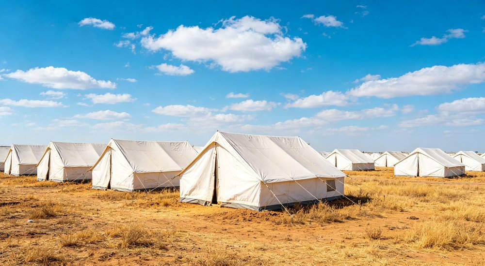 Emergency response tent captured during active deployment showing professional grade construction wind resistant frame and waterproof covering designed for long term use in challenging field conditions