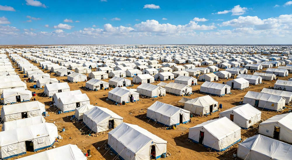 Humanitarian relief tent photographed at aid distribution camp providing reliable shelter with strong steel framework quality stitching and weather resistant fabric for disaster affected communities