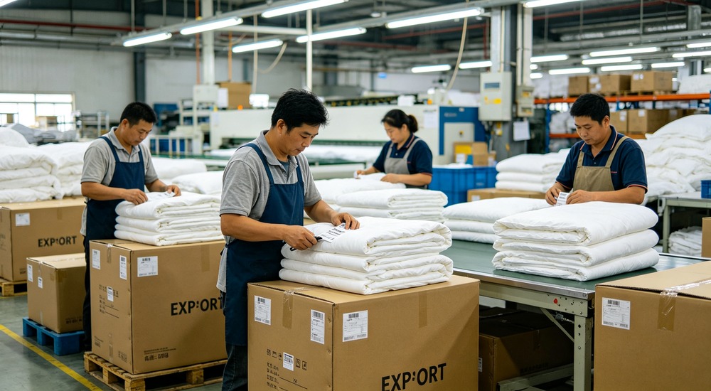 split-view photograph of commercial industrial laundry facility with large stainless steel washing machines loaded with white and sky blue bedding