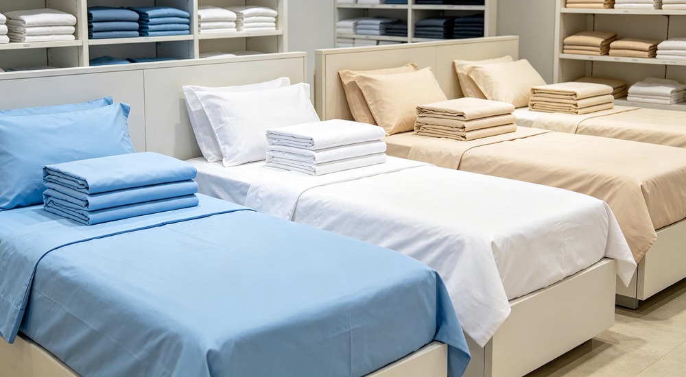 portrait photograph of Asian inventory manager applying colored identification labels to bedding bundles in organized warehouse with shelves with professional uniform and systematic warehouse labeling system