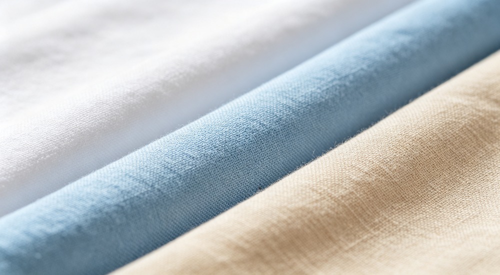 aerial photograph of textile factory production line with Asian workers operating sewing machines making institutional bedding near fabric rolls with industrial sewing equipment and quality fabric materials