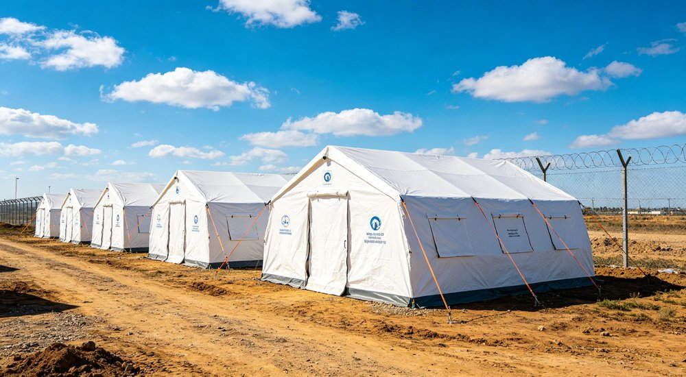 Field deployed emergency shelter showing robust frame construction waterproof material and practical design features meeting international standards for disaster response and refugee accommodation Field deployed emergency shelter showing robust frame construction waterproof material and practical design features meeting international standards for disaster response and refugee accommodation