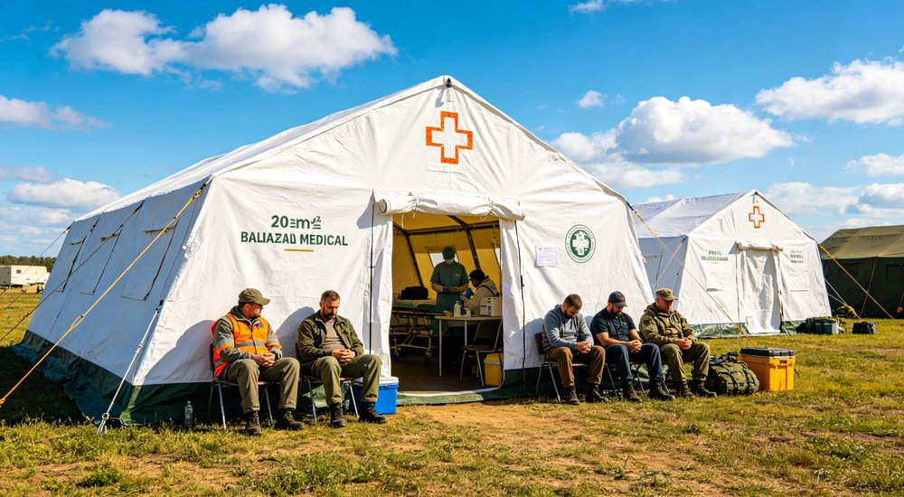 Professional emergency relief tent photographed in field deployment showing sturdy construction waterproof fabric and steel frame design suitable for disaster response and humanitarian aid operations Professional emergency relief tent photographed in field deployment showing sturdy construction waterproof fabric and steel frame design suitable for disaster response and humanitarian aid operations