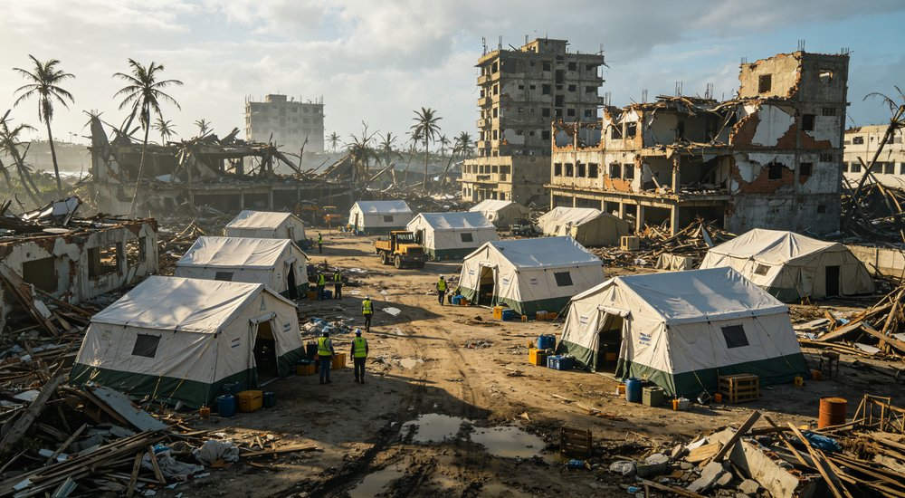 Large emergency shelter tent installed at disaster relief site providing weatherproof accommodation for affected populations with reinforced structure and quality materials visible Large emergency shelter tent installed at disaster relief site providing weatherproof accommodation for affected populations with reinforced structure and quality materials visible
