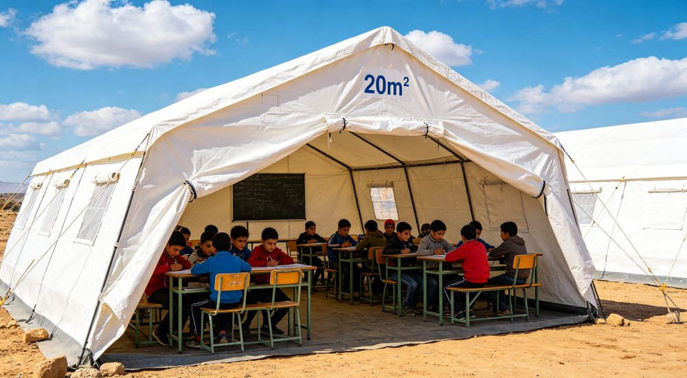 Humanitarian relief tent photographed at aid distribution camp providing reliable shelter with strong steel framework quality stitching and weather resistant fabric for disaster affected communities