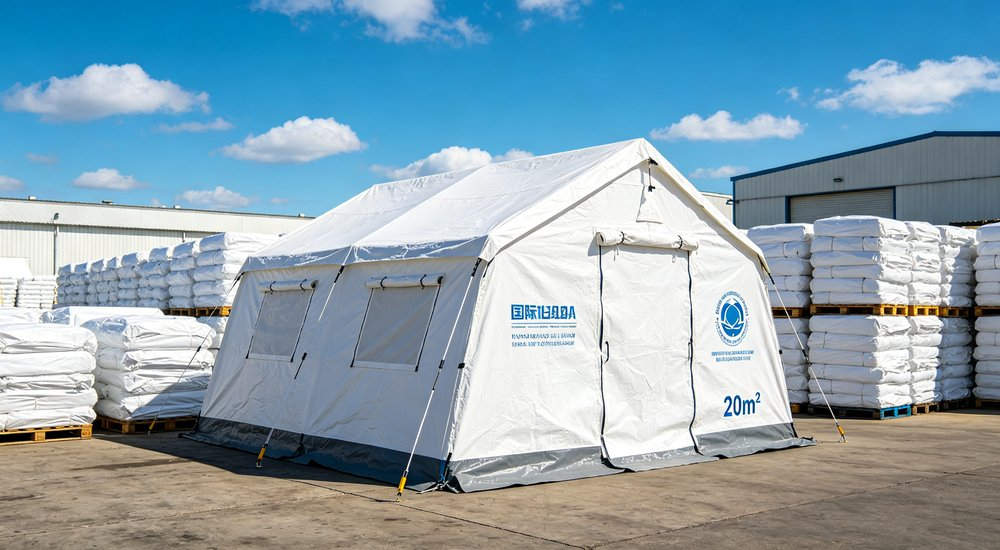 Field deployed emergency shelter showing robust frame construction waterproof material and practical design features meeting international standards for disaster response and refugee accommodation