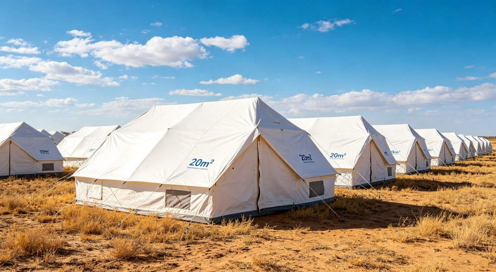 Professional emergency relief tent photographed in field deployment showing sturdy construction waterproof fabric and steel frame design suitable for disaster response and humanitarian aid operations
