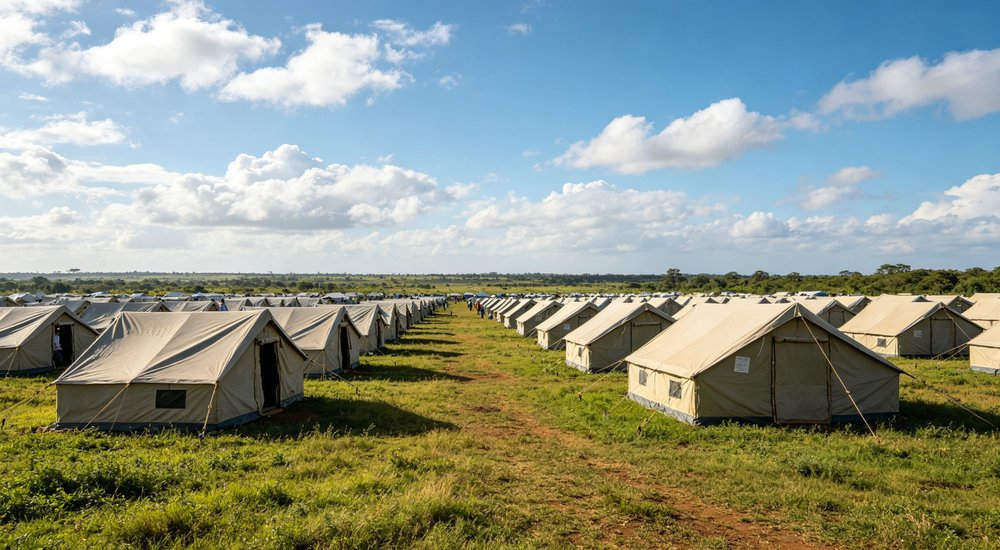 Large emergency shelter tent installed at disaster relief site providing weatherproof accommodation for affected populations with reinforced structure and quality materials visible Large emergency shelter tent installed at disaster relief site providing weatherproof accommodation for affected populations with reinforced structure and quality materials visible