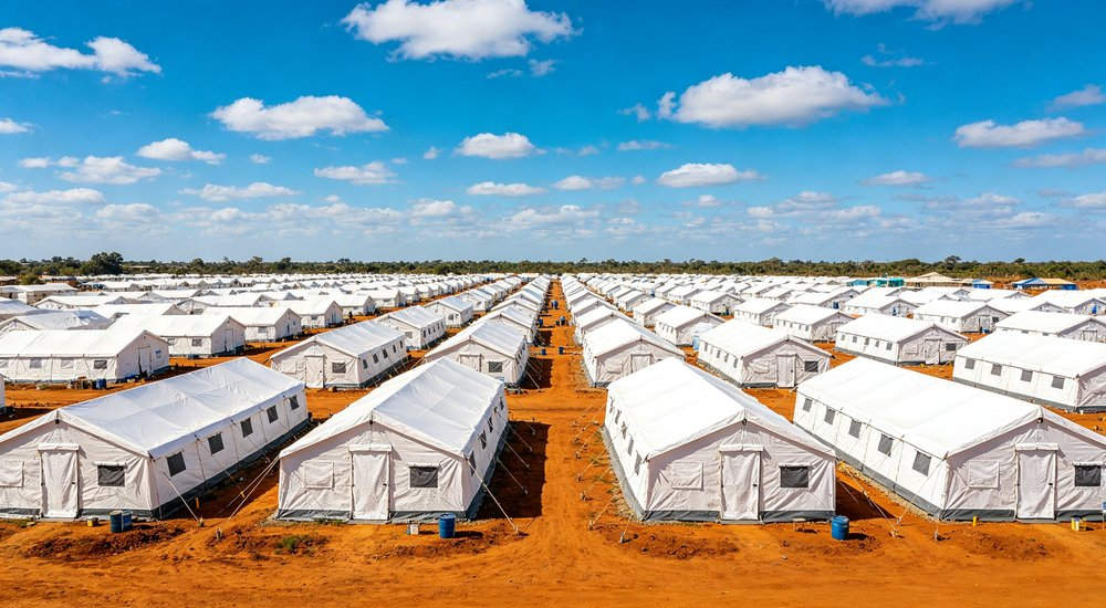 Emergency response tent captured during active deployment showing professional grade construction wind resistant frame and waterproof covering designed for long term use in challenging field conditions