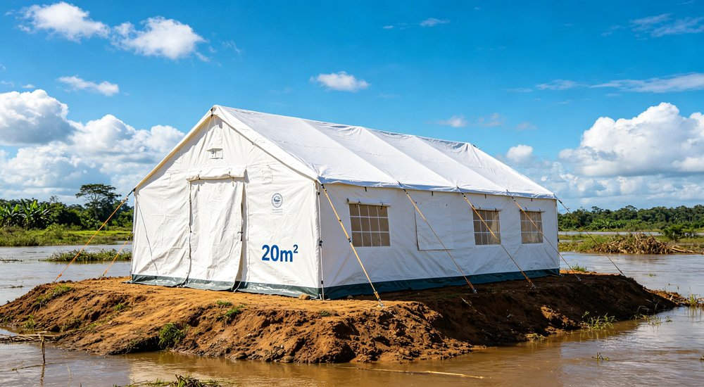 Humanitarian relief tent photographed at aid distribution camp providing reliable shelter with strong steel framework quality stitching and weather resistant fabric for disaster affected communities