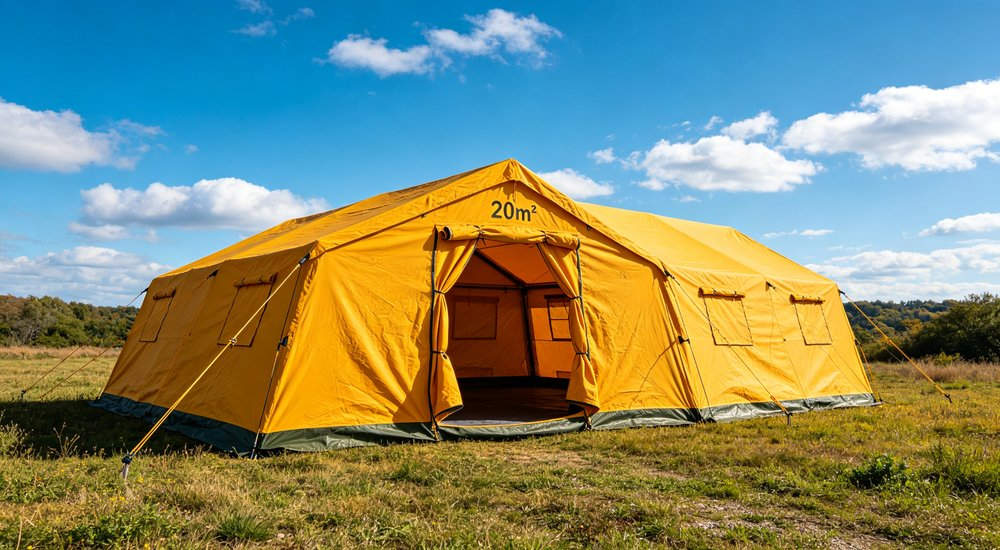 Professional emergency relief tent photographed in field deployment showing sturdy construction waterproof fabric and steel frame design suitable for disaster response and humanitarian aid operations