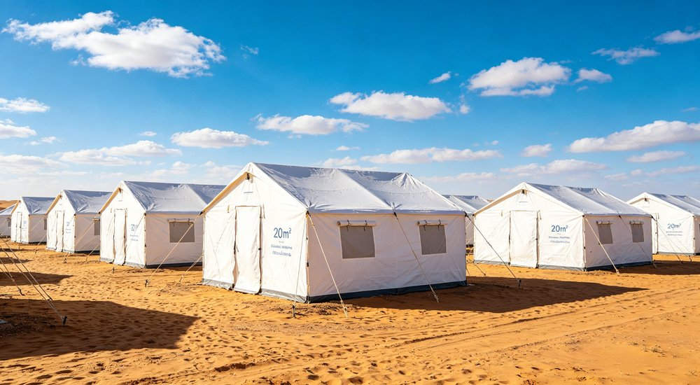 Large emergency shelter tent installed at disaster relief site providing weatherproof accommodation for affected populations with reinforced structure and quality materials visible