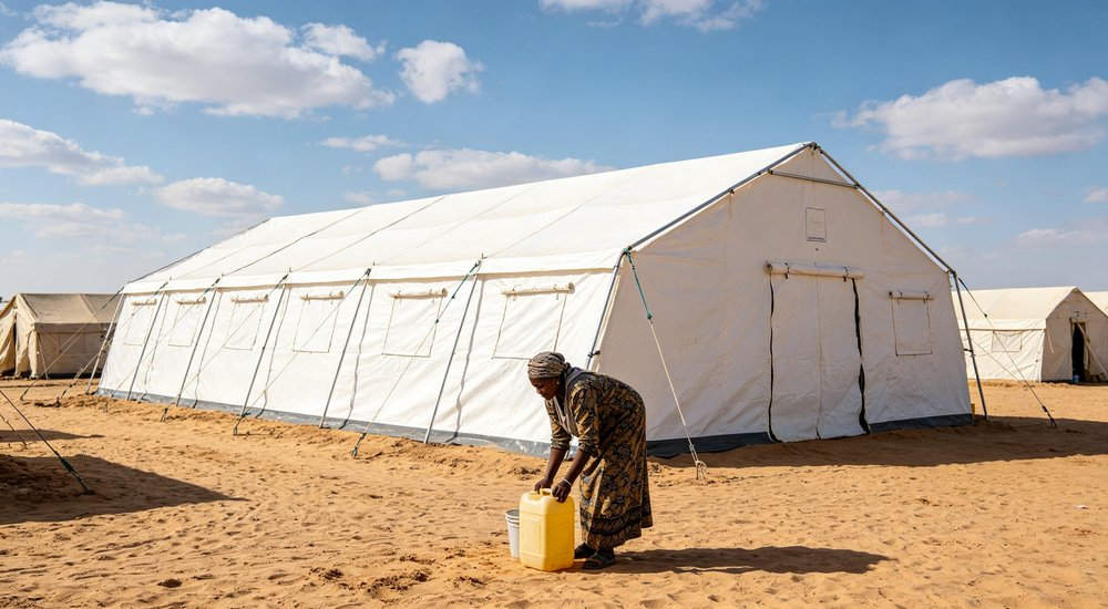 Emergency response tent captured during active deployment showing professional grade construction wind resistant frame and waterproof covering designed for long term use in challenging field conditions