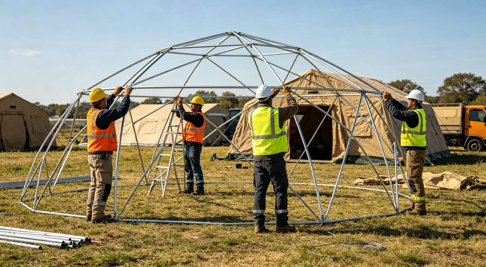 Field deployed emergency shelter showing robust frame construction waterproof material and practical design features meeting international standards for disaster response and refugee accommodation Field deployed emergency shelter showing robust frame construction waterproof material and practical design features meeting international standards for disaster response and refugee accommodation