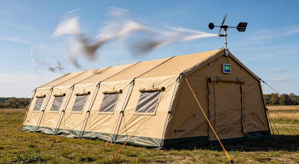 Emergency response tent captured during active deployment showing professional grade construction wind resistant frame and waterproof covering designed for long term use in challenging field conditions