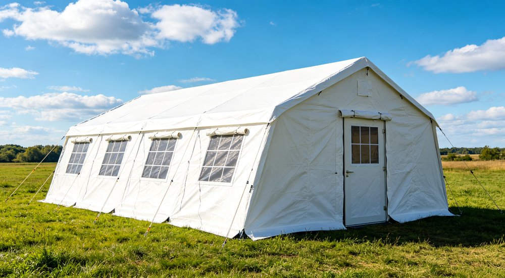 Field deployed emergency shelter showing robust frame construction waterproof material and practical design features meeting international standards for disaster response and refugee accommodation
