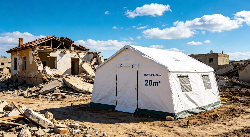 Professional emergency relief tent photographed in field deployment showing sturdy construction waterproof fabric and steel frame design suitable for disaster response and humanitarian aid operations