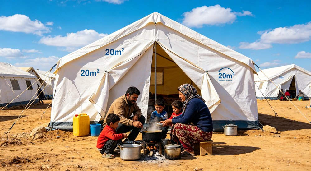 Large emergency shelter tent installed at disaster relief site providing weatherproof accommodation for affected populations with reinforced structure and quality materials visible