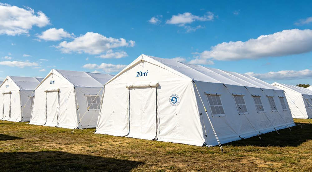 Emergency response tent captured during active deployment showing professional grade construction wind resistant frame and waterproof covering designed for long term use in challenging field conditions