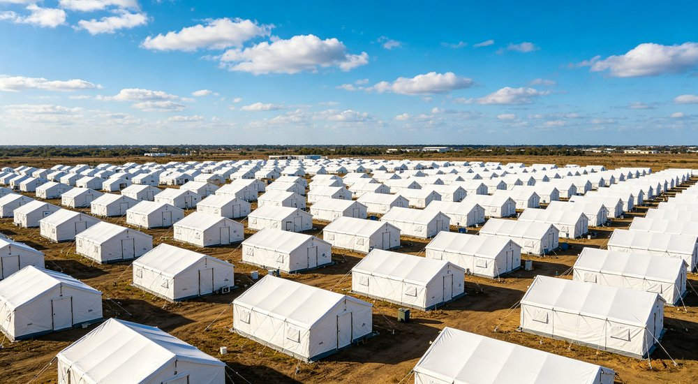 Humanitarian relief tent photographed at aid distribution camp providing reliable shelter with strong steel framework quality stitching and weather resistant fabric for disaster affected communities