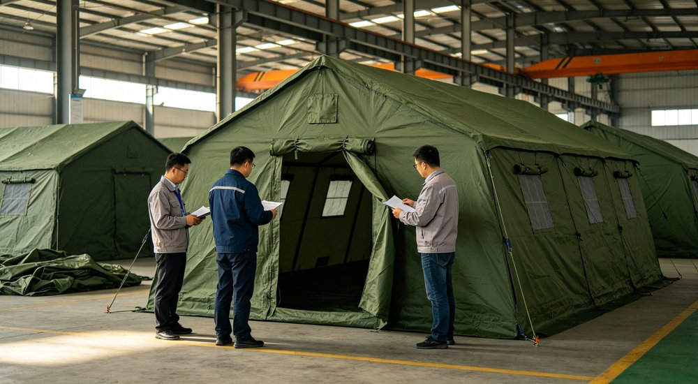 Professional emergency relief tent photographed in field deployment showing sturdy construction waterproof fabric and steel frame design suitable for disaster response and humanitarian aid operations