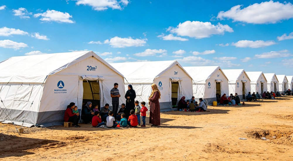 Large emergency shelter tent installed at disaster relief site providing weatherproof accommodation for affected populations with reinforced structure and quality materials visible