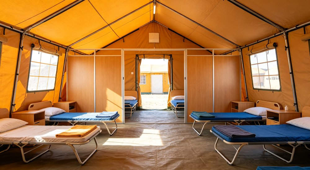 Heavy duty emergency frame tent displayed in operational setting demonstrating quick setup capability durable canvas exterior and spacious interior capacity for humanitarian relief missions