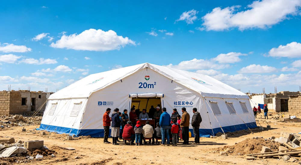 Emergency response tent captured during active deployment showing professional grade construction wind resistant frame and waterproof covering designed for long term use in challenging field conditions