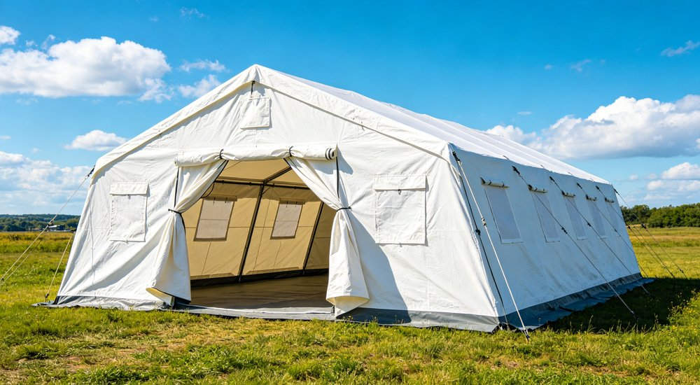 Humanitarian relief tent photographed at aid distribution camp providing reliable shelter with strong steel framework quality stitching and weather resistant fabric for disaster affected communities