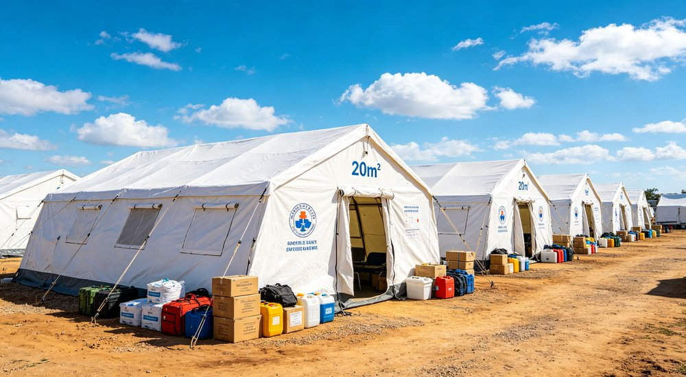 Field deployed emergency shelter showing robust frame construction waterproof material and practical design features meeting international standards for disaster response and refugee accommodation