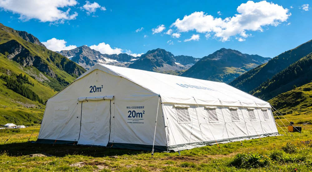 Professional emergency relief tent photographed in field deployment showing sturdy construction waterproof fabric and steel frame design suitable for disaster response and humanitarian aid operations