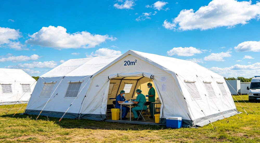 Large emergency shelter tent installed at disaster relief site providing weatherproof accommodation for affected populations with reinforced structure and quality materials visible