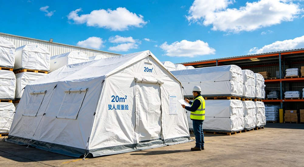 Heavy duty emergency frame tent displayed in operational setting demonstrating quick setup capability durable canvas exterior and spacious interior capacity for humanitarian relief missions