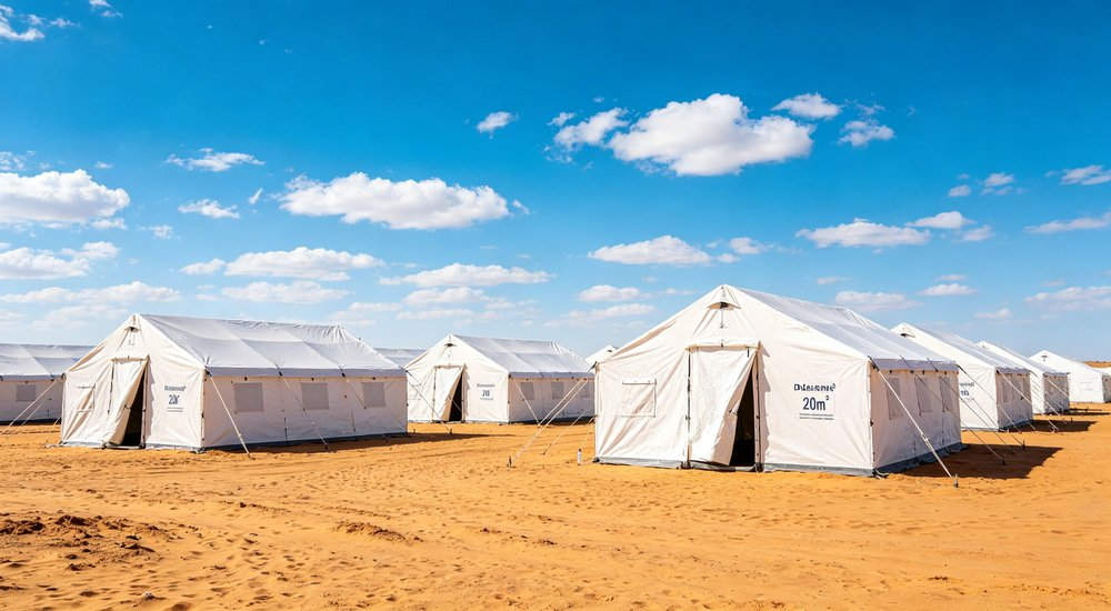 Emergency response tent captured during active deployment showing professional grade construction wind resistant frame and waterproof covering designed for long term use in challenging field conditions