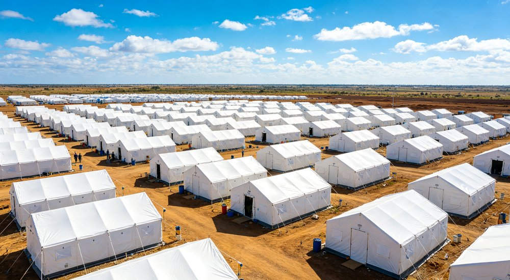 Humanitarian relief tent photographed at aid distribution camp providing reliable shelter with strong steel framework quality stitching and weather resistant fabric for disaster affected communities