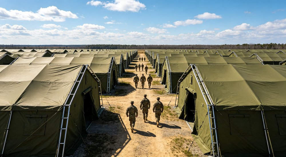 Aerial drone view showing multiple large emergency relief tents arranged in orderly rows across a disaster response camp with clear access pathways and blue sky overhead