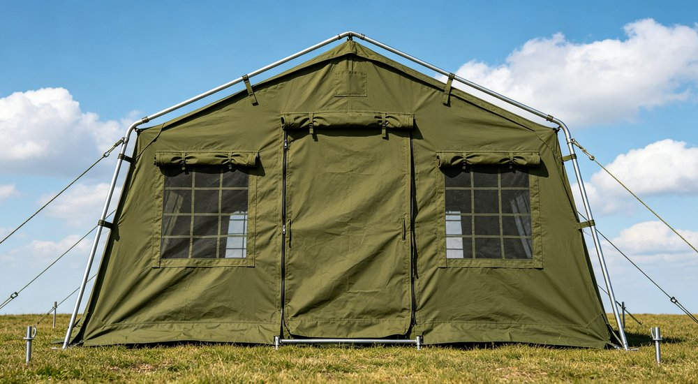 Front entrance view of a heavy duty emergency relief tent displaying the reinforced door frame sturdy zipper entrance and professional military grade construction quality