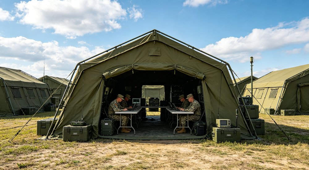 Emergency relief tent deployed in an active earthquake disaster zone providing immediate shelter for affected families with response teams working in the surrounding area